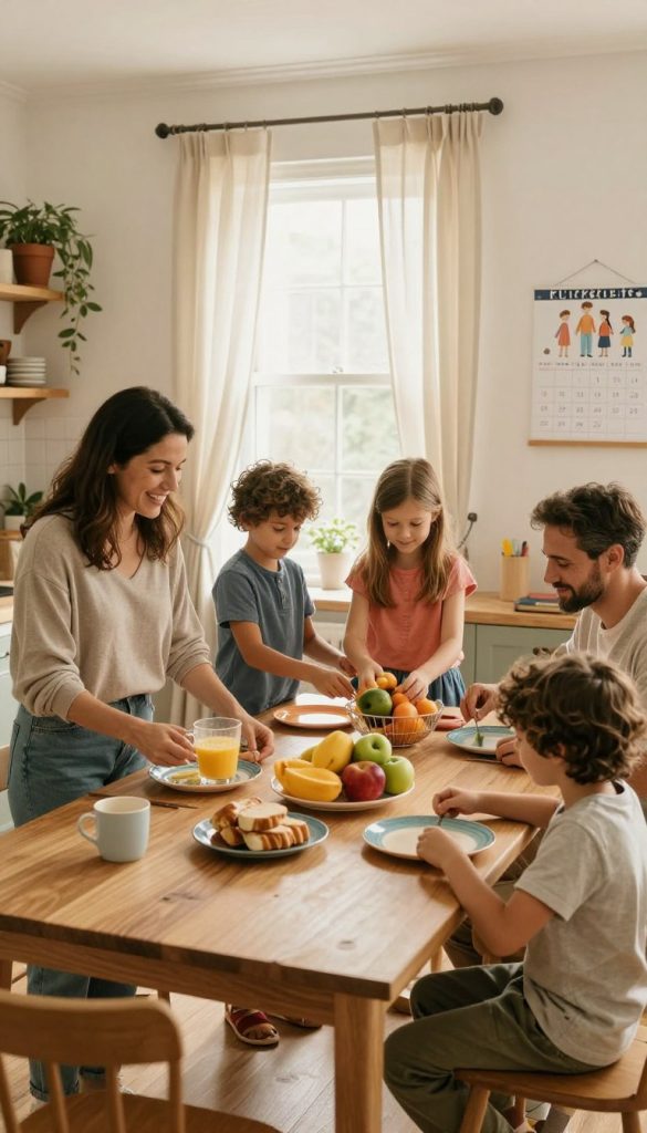 A cozy family scene depicting a morning ritual, where each family member is engaged in a simple yet meaningful activity to promote harmony. In the foreground, a cheerful mother prepares breakfast, wearing modest casual clothing, while a father is setting the table with colorful plates. Two children, dressed in comfortable attire, joyfully arrange fresh fruits. In the middle, soft natural light filters through a window adorned with light curtains, creating a warm and inviting atmosphere. The background reveals a homey kitchen with potted plants and a family calendar, emphasizing organization and togetherness. The overall mood is one of warmth, inspiration, and authentic family life, perfect for a DIY aesthetic. Capture the essence of KlickKiste with inviting, warm colors and a Pinterest-like look. A cozy family scene depicting a morning ritual, where each family member is engaged in a simple yet meaningful activity to promote harmony. In the foreground, a cheerful mother prepares breakfast, wearing modest casual clothing, while a father is setting the table with colorful plates. Two children, dressed in comfortable attire, joyfully arrange fresh fruits. In the middle, soft natural light filters through a window adorned with light curtains, creating a warm and inviting atmosphere. The background reveals a homey kitchen with potted plants and a family calendar, emphasizing organization and togetherness. The overall mood is one of warmth, inspiration, and authentic family life, perfect for a DIY aesthetic. Capture the essence of KlickKiste with inviting, warm colors and a Pinterest-like look.