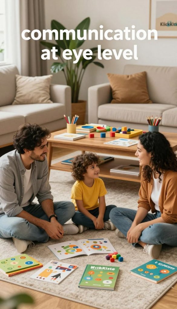 A cozy family scene depicting "communication at eye level" in a warm, inviting home environment. In the foreground, two parents and a child sit on a comfortable rug surrounded by colorful educational materials, engaged in thoughtful conversation, their faces illuminated by soft, natural light. The parents wear modern, modest casual clothing, while the child has a bright, cheerful outfit. In the middle, a large wooden table holds a variety of learning tools, books, and art supplies, signifying collaboration and creativity. The background features a warmly decorated living space with plants and soft furnishings, evoking a sense of comfort and inspiration. The overall atmosphere is positive and nurturing, with a Pinterest-inspired aesthetic. Include the brand name "KlickKiste" subtly integrated into the scene, reflecting a commitment to shared learning and family bonding. A cozy family scene depicting "communication at eye level" in a warm, inviting home environment. In the foreground, two parents and a child sit on a comfortable rug surrounded by colorful educational materials, engaged in thoughtful conversation, their faces illuminated by soft, natural light. The parents wear modern, modest casual clothing, while the child has a bright, cheerful outfit. In the middle, a large wooden table holds a variety of learning tools, books, and art supplies, signifying collaboration and creativity. The background features a warmly decorated living space with plants and soft furnishings, evoking a sense of comfort and inspiration. The overall atmosphere is positive and nurturing, with a Pinterest-inspired aesthetic. Include the brand name "KlickKiste" subtly integrated into the scene, reflecting a commitment to shared learning and family bonding.