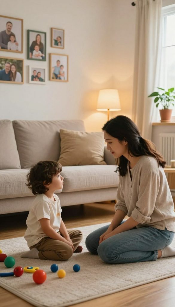 A cozy family scene depicting empathetic boundaries in a warm, inviting living room. In the foreground, a mother gently kneels to speak with her young child, expressing understanding and support. The child looks secure and attentive, surrounded by various colorful toys scattered around. In the middle ground, a soft sofa with plush cushions invites relaxation, while a warm lamp casts a gentle glow. In the background, a cheerful gallery wall filled with family photos reinforces a sense of belonging. Natural light filters through a window, creating a soft atmosphere, with plants adding a touch of nature. The overall mood is comforting and inspiring, emphasizing emotional safety in parenting. The image reflects a DIY aesthetic in warm colors, embodying the brand KlickKiste's essence.