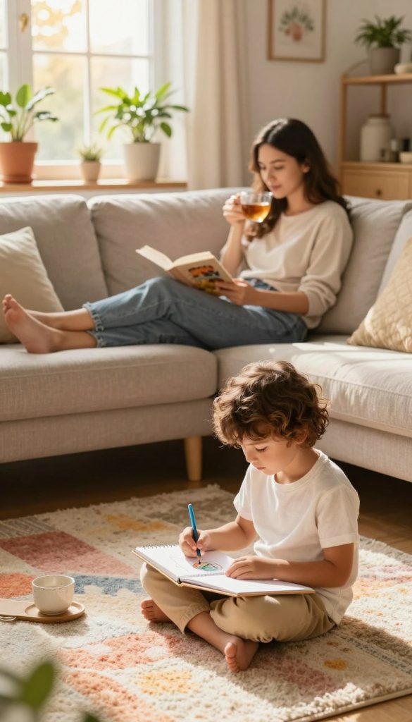 A cozy family scene depicting moments of self-care, with three family members enjoying mini-breaks throughout a sunny, cheerful living room. In the foreground, a child is playfully coloring in a sketchbook while sitting on a soft rug adorned with warm pastel colors. In the middle, a parent relaxes on a comfortable couch, sipping herbal tea and reading a book, exuding a sense of calm. In the background, a window lets in soft, golden sunlight, illuminating houseplants and inspiring decor, reflecting a Pinterest-inspired, natural style. The atmosphere is warm and inviting, showcasing a harmonious environment that promotes relaxation and togetherness. The image should evoke feelings of tranquility and inspiration, capturing the essence of family self-care ideas from KlickKiste.