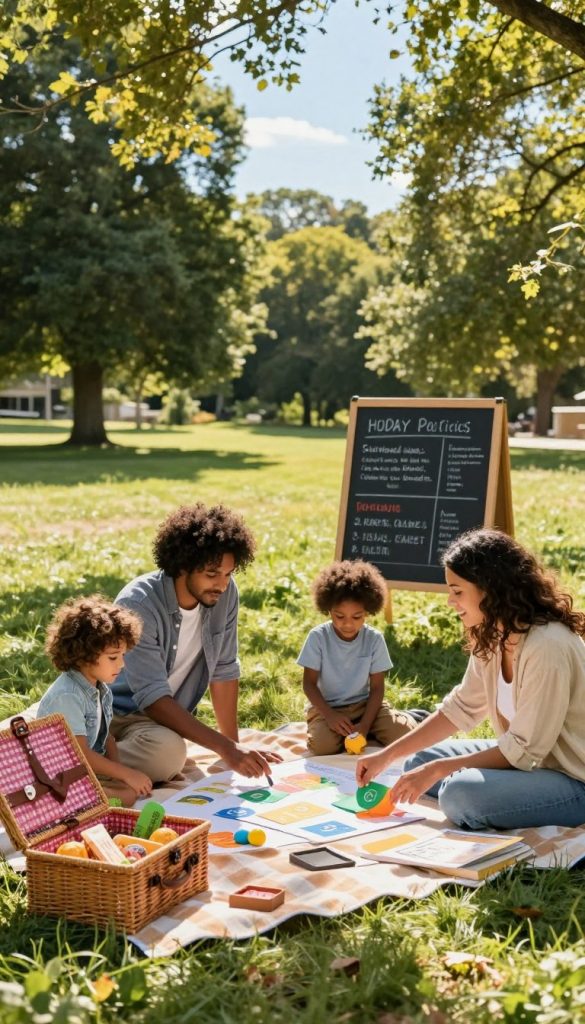 A cozy family scene depicting the joyful organization of summer activities in a sunlit park. In the foreground, a diverse family of four is gathered around a picnic blanket, spreading out colorful DIY planning materials and a warm picnic basket filled with healthy snacks. The parents are dressed in casual yet tidy clothing, enthusiastically discussing plans while the children play nearby, showcasing their excitement. In the middle ground, a chalkboard with labeled sections for daily activities creates a structured yet inviting atmosphere. The background features lush green trees under a clear blue sky, bathed in golden sunlight, evoking a sense of warmth and tranquility. The scene feels authentic and inspiring, resembling a Pinterest-style setting, and subtly includes the brand name "KlickKiste" within the decor.