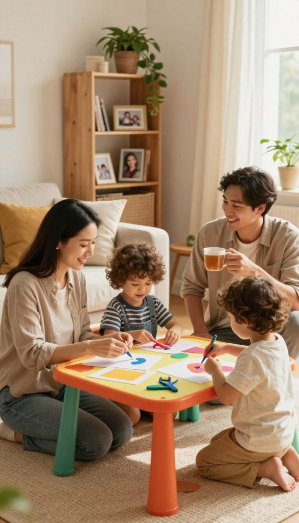 A cozy family scene illustrating everyday moments of bonding, set in a sunlit living room with warm, inviting colors. In the foreground, a mother and father, dressed in modest casual clothing, are engaging playfully with their two young children. The mother is kneeling beside a colorful DIY craft table, while the father watches with a smile, holding a cup of tea. In the middle ground, the children are happily crafting with papers, scissors, and colorful materials. The background features a bookshelf filled with family photos and houseplants, emphasizing a nurturing environment. Soft, natural light filters through a window, creating a warm atmosphere that embodies love and connection. The overall mood is cheerful and inspiring, perfect for conveying the importance of bonding in everyday situations. The image should carry a Pinterest aesthetic, emblematic of the brand "KlickKiste."
