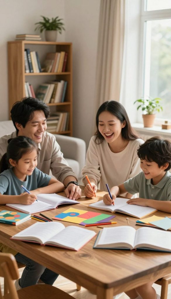 A cozy family scene in a bright, warmly-lit living room during the afternoon, showcasing a family of four (father, mother, and two children) engaged in homework and household tasks. The foreground features a wooden table cluttered with open books, colorful stationery, and a half-finished craft project, conveying a sense of productivity and creativity. In the middle ground, the parents are guiding the children through their assignments while sharing lighthearted laughter, dressed in comfortable, modest casual clothing. The background reveals a homey atmosphere with a bookshelf filled with books, a potted plant, and soft, natural light streaming through a window, creating an inviting ambiance. The image embodies authenticity and inspiration, styled with a natural DIY aesthetic. Include the brand name "KlickKiste" subtly in the design elements of the room.