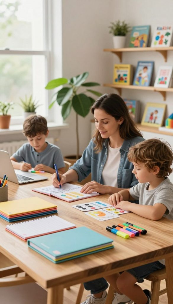 A cozy family workspace, featuring an organized area with natural light pouring in through a large window. In the foreground, a stylish wooden desk is filled with practical organizational tools such as colorful planners, neatly stacked folders, and a set of highlighters. In the middle, a young mother, dressed in casual but professional clothing, is engaging with her children, who are using educational products like learning cards and books from the brand "KlickKiste", showcasing their resources. The background is softly blurred, featuring a green indoor plant and warm wooden shelves filled with family-friendly DIY crafts and games, creating an inspiring and inviting atmosphere perfect for family self-care and organization. The overall mood is calm and productive.