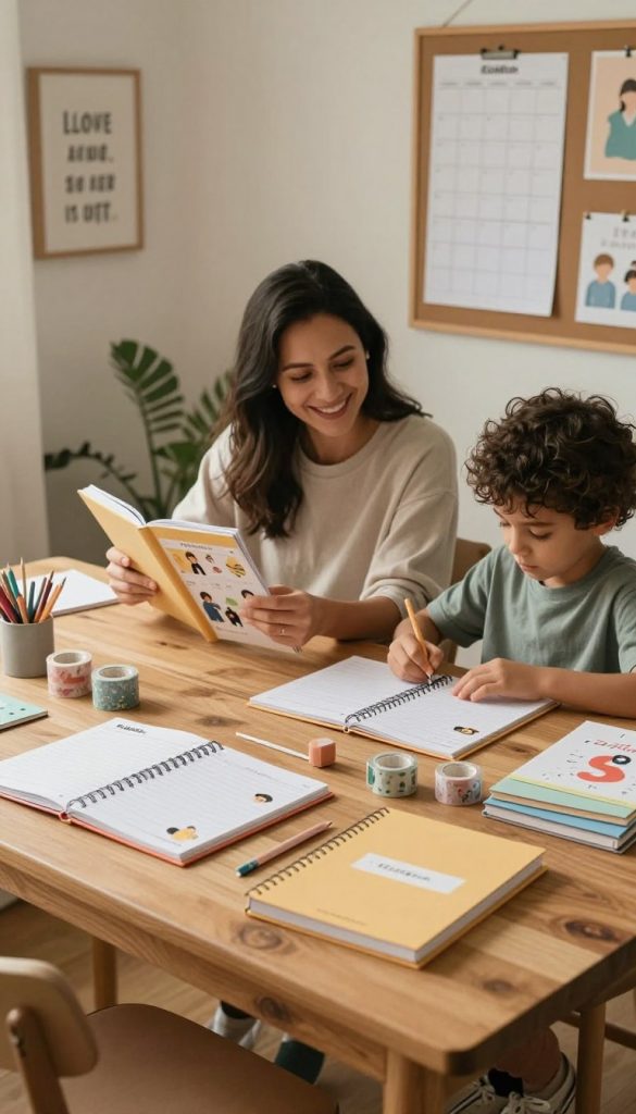 A cozy family workspace filled with warm, natural DIY planning materials. In the foreground, an inviting wooden table displays colorful planners, washi tape, and creative stationery, all organized in a visually appealing manner. In the middle, a smiling parent wearing casual, modest clothing browses through a family planning book while a child eagerly crafts a project beside them. The background subtly showcases a well-decorated wall with inspirational quotes and a bulletin board filled with family schedules and art. Soft, ambient lighting casts a warm glow over the scene, creating a harmonious, inviting atmosphere. The overall look embodies an authentic, Pinterest-inspired aesthetic that reflects creativity and family bonding. Brand elements of "KlickKiste" integrated subtly into the materials add a touch of branding without overwhelming the visual.