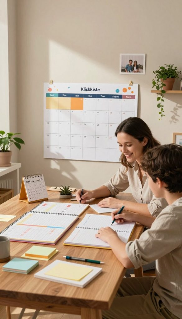 A cozy family workspace scene focused on effective time management. In the foreground, a wooden table with colorful planners, calendars, and notes neatly organized. A mother and father, dressed in modest casual clothing, are happily discussing their schedule, sharing a light moment. In the middle, a large wall calendar filled with structured plans and family activities visible, adorned with warm colors and DIY decorations for a Pinterest-inspired look. The background features a warm, sunlit room with family photos and plants, creating an inviting atmosphere. Soft, natural lighting filters through the window, casting gentle shadows that evoke a sense of harmony and inspiration. The brand "KlickKiste" subtly integrated into the decor, enhancing the theme of structured family time management.