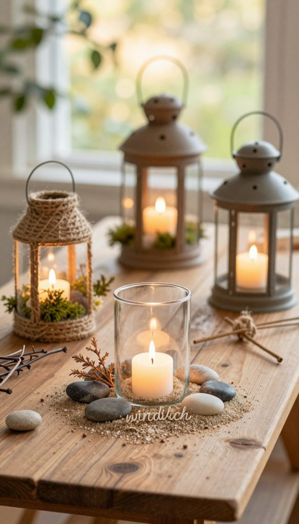 A cozy, heartwarming depiction of a "windlicht" made from natural materials, artfully arranged on a rustic wooden table. In the foreground, showcase a glass lantern illuminated by a soft, flickering candle, surrounded by smooth pebbles and grains of sand, merging seamlessly with twigs and dried flowers. In the middle ground, highlight a few more lanterns of varying sizes, crafted from recycled glass, elegantly adorned with jute twine and sprigs of green moss, capturing an authentic DIY feel. The background features a softly blurred natural setting with gentle sunlight filtering through leaves, creating a warm and inviting atmosphere. This serene scene embodies the essence of nature-inspired decor, perfect for a Pinterest aesthetic. Presented by KlickKiste, focus on natural colors, textures, and a soothing ambiance.
