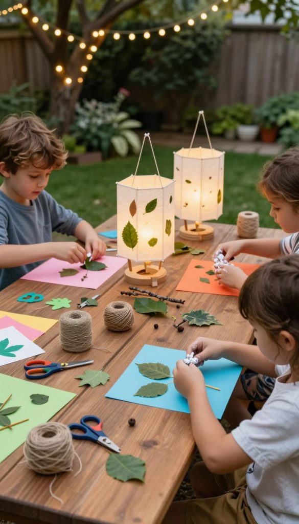 A cozy, heartwarming scene of children engaged in crafting lanterns using natural materials. In the foreground, two children, a boy and a girl, are happily gluing leaves and twigs onto colorful paper lanterns, wearing modest casual clothing. Their hands are covered in glue, capturing the joy of the activity. The middle ground features a wooden table scattered with various crafting supplies like scissors, colored papers, and twine, while a few half-finished lanterns stand proudly among them. In the background, a softly lit garden reveals twinkling fairy lights hanging from trees, surrounded by lush greenery. The warm, inviting colors create an authentic, Pinterest-inspired atmosphere, embodying creativity and safety. This scene reflects the spirit of “KlickKiste,” fostering inspiration and joy in DIY projects for families.