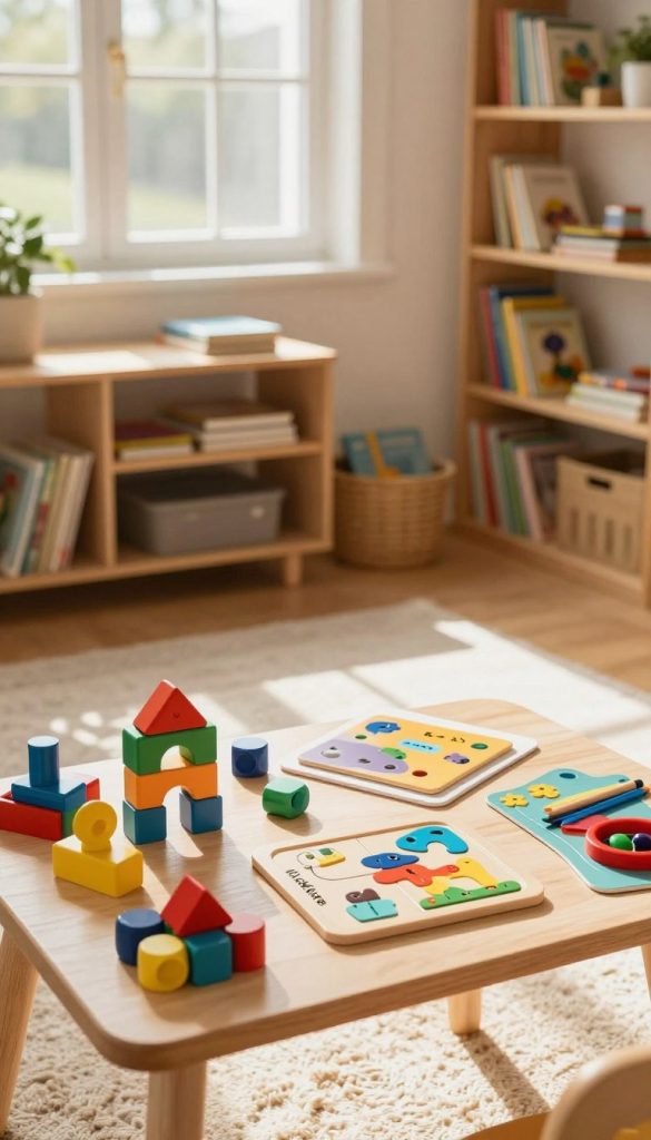 A cozy home environment featuring a beautifully organized learning playset for kids, designed by "KlickKiste". In the foreground, colorful, neatly arranged educational toys, including building blocks, puzzles, and art supplies, are spread across a wooden table. In the middle ground, a thoughtfully decorated living space with a soft rug and bookshelves filled with children's books creates an inviting atmosphere. The background shows a sunny window letting in warm, natural light, casting gentle shadows that enhance the warmth of the scene. The overall mood is cheerful and inspiring, promoting an efficient, fun learning routine at home. The aesthetic is DIY with a Pinterest feel, using warm colors to convey authenticity and creativity. A cozy home environment featuring a beautifully organized learning playset for kids, designed by "KlickKiste". In the foreground, colorful, neatly arranged educational toys, including building blocks, puzzles, and art supplies, are spread across a wooden table. In the middle ground, a thoughtfully decorated living space with a soft rug and bookshelves filled with children's books creates an inviting atmosphere. The background shows a sunny window letting in warm, natural light, casting gentle shadows that enhance the warmth of the scene. The overall mood is cheerful and inspiring, promoting an efficient, fun learning routine at home. The aesthetic is DIY with a Pinterest feel, using warm colors to convey authenticity and creativity.