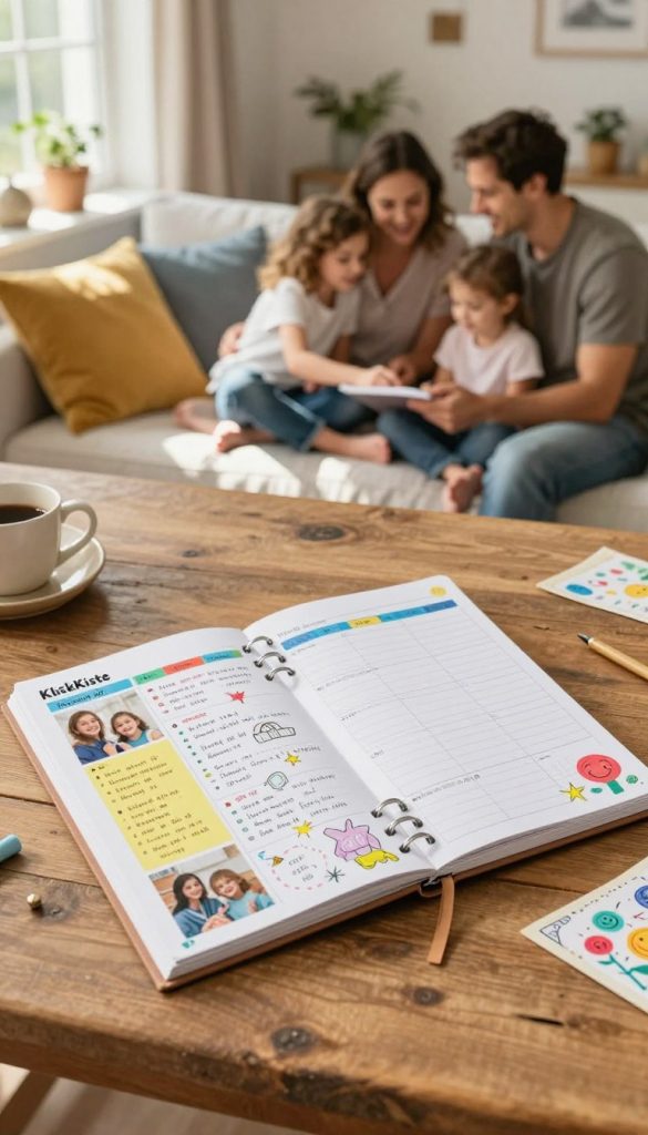 A cozy home environment featuring a colorful family weekly planner on a rustic wooden table. In the foreground, a neatly organized planner decorated with handwritten notes, colorful stickers, and doodles, alongside family photos and children’s drawings. The middle layer shows a warm ambiance with natural lighting filtering through a nearby window, illuminating a comfortable living room with soft cushions and a playful atmosphere. In the background, a family of four is depicted in modest casual clothing, collaborating and smiling as they discuss their schedule, reflecting teamwork and care. The setting conveys a sense of warmth, structure, and inspiration, emphasizing practical routines for family life. Capture this scene in a soft focus, with a slight depth of field, echoing a Pinterest-inspired aesthetic. Include subtle branding elements related to "KlickKiste" throughout the visual.