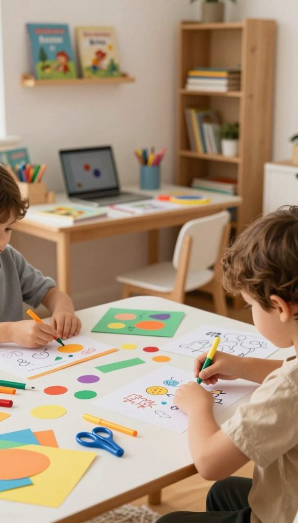 A cozy home environment filled with learning games for children, showcasing a table adorned with colorful paper, scissors, and markers. In the foreground, a child, dressed in modest casual clothing, enthusiastically creates a fun craft project, surrounded by scattered cut-out shapes and drawings. In the middle ground, an inviting workspace is visible, with warm, natural lighting illuminating the scene, creating a friendly and inspiring atmosphere. The background features soft-focus shelves with educational books and art supplies, enhancing the DIY aesthetic. The overall mood is cheerful and creative, embodying the essence of engaging learning at home. Bright, Pinterest-inspired colors dominate, reflecting the brand KlickKiste, cultivating an authentic and inspiring feel. A cozy home environment filled with learning games for children, showcasing a table adorned with colorful paper, scissors, and markers. In the foreground, a child, dressed in modest casual clothing, enthusiastically creates a fun craft project, surrounded by scattered cut-out shapes and drawings. In the middle ground, an inviting workspace is visible, with warm, natural lighting illuminating the scene, creating a friendly and inspiring atmosphere. The background features soft-focus shelves with educational books and art supplies, enhancing the DIY aesthetic. The overall mood is cheerful and creative, embodying the essence of engaging learning at home. Bright, Pinterest-inspired colors dominate, reflecting the brand KlickKiste, cultivating an authentic and inspiring feel.