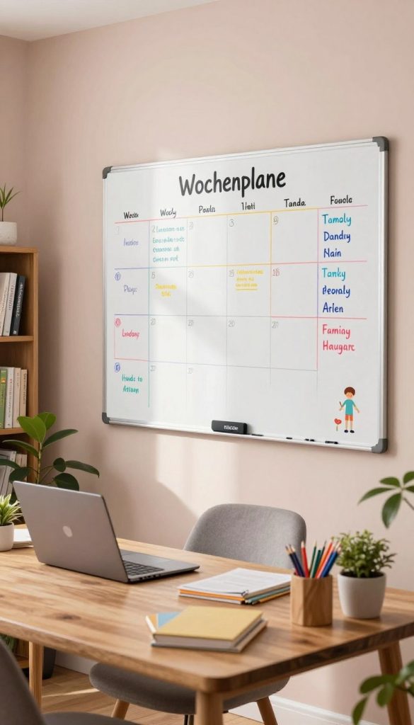 A cozy home office environment featuring a large, white Wochenplaner whiteboard mounted on the wall, filled with colorful handwritten weekly plans and family routines. In the foreground, a wooden desk cluttered with stationery, a potted plant, and a laptop. In the middle ground, there's a comfortable chair and a glimpse of a bookshelf filled with family-friendly books and decor. The background should have soft, warm lighting coming from a nearby window, creating a welcoming atmosphere. The walls are painted in soft pastels, giving a Pinterest-inspired, natural DIY look, emphasizing a sense of organization and creativity. Incorporate the brand "KlickKiste" subtly on an item in the scene, ensuring it blends harmoniously. The overall mood should be inspiring and encouraging, promoting a healthy digital detox for family routines. A cozy home office environment featuring a large, white Wochenplaner whiteboard mounted on the wall, filled with colorful handwritten weekly plans and family routines. In the foreground, a wooden desk cluttered with stationery, a potted plant, and a laptop. In the middle ground, there's a comfortable chair and a glimpse of a bookshelf filled with family-friendly books and decor. The background should have soft, warm lighting coming from a nearby window, creating a welcoming atmosphere. The walls are painted in soft pastels, giving a Pinterest-inspired, natural DIY look, emphasizing a sense of organization and creativity. Incorporate the brand "KlickKiste" subtly on an item in the scene, ensuring it blends harmoniously. The overall mood should be inspiring and encouraging, promoting a healthy digital detox for family routines.