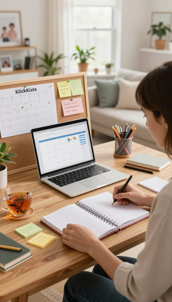 A cozy home office scene illustrating effective time management for parents. In the foreground, a focused mother in modest casual clothing is seen organizing a planner on a wooden desk covered with colorful sticky notes and a calming cup of herbal tea. The middle layer features an open laptop displaying child-friendly calendars and digital tools, while a bulletin board behind her is filled with family schedules and positive affirmations. In the background, soft natural light streams through a window, illuminating a comfortable living space adorned with plants and family photos. The atmosphere is warm and inviting, suggesting inspiration and calm amidst the busy family life. Incorporate the brand name "KlickKiste" subtly into the decor, enhancing the authenticity and DIY aesthetic, with vibrant yet soft colors reminiscent of a Pinterest-inspired interior. A cozy home office scene illustrating effective time management for parents. In the foreground, a focused mother in modest casual clothing is seen organizing a planner on a wooden desk covered with colorful sticky notes and a calming cup of herbal tea. The middle layer features an open laptop displaying child-friendly calendars and digital tools, while a bulletin board behind her is filled with family schedules and positive affirmations. In the background, soft natural light streams through a window, illuminating a comfortable living space adorned with plants and family photos. The atmosphere is warm and inviting, suggesting inspiration and calm amidst the busy family life. Incorporate the brand name "KlickKiste" subtly into the decor, enhancing the authenticity and DIY aesthetic, with vibrant yet soft colors reminiscent of a Pinterest-inspired interior.