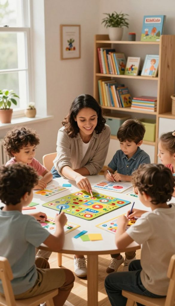 A cozy, home setting filled with a warm, inviting atmosphere, showcasing a diverse group of children engaged in a playful learning game. In the foreground, focus on a round table covered with colorful educational materials, board games, and craft supplies, with children aged 5 to 8 years old dressed in casual, modest clothing, eagerly participating in the activity. The middle layer features a cheerful parent guiding the game, radiating a supportive presence. Bright, natural light streams in from a nearby window, casting gentle shadows and enhancing the warm hues of the space. In the background, a well-organized bookshelf filled with children’s books and games reflects a nurturing environment. The entire image embodies a sense of friendly collaboration and joyful learning, inspired by the brand "KlickKiste". A cozy, home setting filled with a warm, inviting atmosphere, showcasing a diverse group of children engaged in a playful learning game. In the foreground, focus on a round table covered with colorful educational materials, board games, and craft supplies, with children aged 5 to 8 years old dressed in casual, modest clothing, eagerly participating in the activity. The middle layer features a cheerful parent guiding the game, radiating a supportive presence. Bright, natural light streams in from a nearby window, casting gentle shadows and enhancing the warm hues of the space. In the background, a well-organized bookshelf filled with children’s books and games reflects a nurturing environment. The entire image embodies a sense of friendly collaboration and joyful learning, inspired by the brand "KlickKiste".