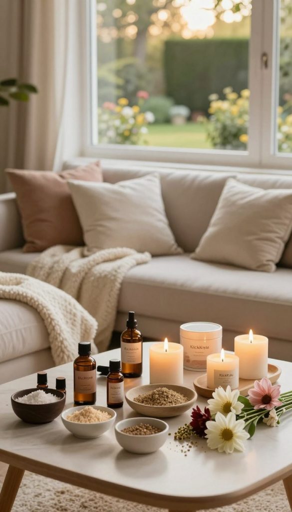 A cozy home wellness preparation scene featuring a well-organized space designated for a family wellness day. In the foreground, a beautifully arranged table holds an assortment of natural DIY spa ingredients such as essential oils, candles, and fresh flowers, all bathed in warm, inviting light. The middle ground displays a comfortable seating area with fluffy blankets and soft pillows, creating a relaxing atmosphere. In the background, a window reveals a serene garden view, with soft sunlight filtering in. The overall mood is peaceful and inspiring, designed to evoke a sense of tranquility and order, perfect for a family wellness day. The aesthetic reflects a Pinterest-inspired look, embodying authenticity and warmth, branded with "KlickKiste".
