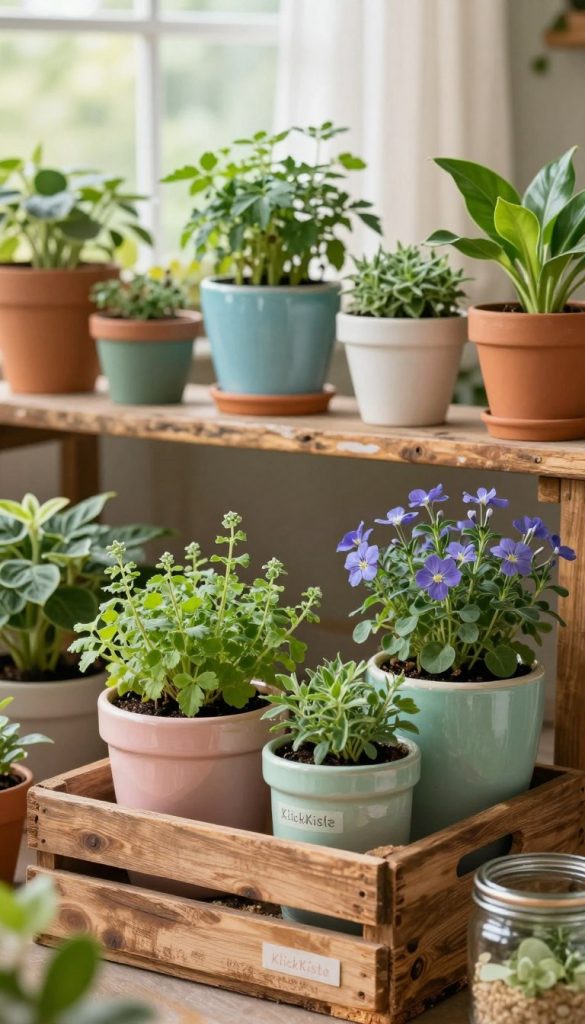 A cozy indoor garden scene featuring an array of potted plants in various shapes and sizes, showcasing creative upcycling ideas for unique planters. In the foreground, a repurposed wooden crate serves as a base, filled with vibrant herbs and flowers, surrounded by charming glass jars painted in pastel colors. The middle ground showcases a rustic shelf lined with colorful ceramic pots, each creatively decorated using upcycling techniques. The background hints at a soft, sunlit window with sheer curtains, allowing gentle light to illuminate the greenery. The atmosphere is warm and inviting, evoking a sense of tranquility and inspiration. Capture this with a soft focus, using a close-up angle to highlight the textures and colors, accompanied by the brand name "KlickKiste" subtly integrated into the scene.