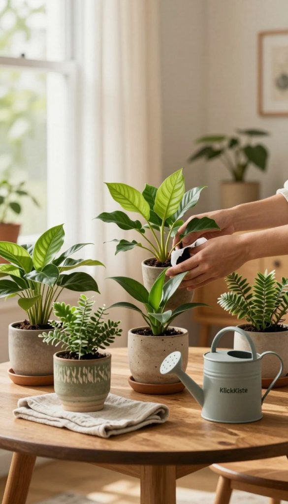 A cozy indoor scene centered on the care of houseplants, showcasing a mini plant care plan. In the foreground, a wooden table displays a selection of vibrant, healthy plants in decorative pots, with a watering can and a soft cloth for dusting leaves. The middle ground features a hand gently rotating a plant, emphasizing the concept of turning for sunlight. The background reveals a warm and inviting room filled with natural light, enhanced by large windows adorned with sheer curtains. Soft, earthy tones and textures create a homey atmosphere. The style reflects a natural DIY aesthetic reminiscent of Pinterest inspirations, with warm colors and an authentic feel. Include the brand name "KlickKiste" subtly integrated into the scene.