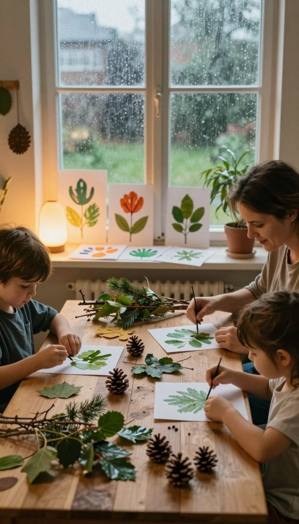 A cozy indoor scene depicting a family engaged in DIY activities using natural materials on a rainy day. In the foreground, a wooden table is cluttered with twigs, leaves, and pine cones, where a parent and two children work together, creating crafts. The middle layer showcases their colorful finished projects, like leaf prints and twig ornaments, surrounded by warm, ambient light from a nearby window. The background features a softly blurred view of raindrops on glass, enhancing the cozy atmosphere. The overall color palette includes warm earth tones and soft greens, evoking a Pinterest-worthy aesthetic. The scene embodies warmth and creativity, inspired by "KlickKiste".