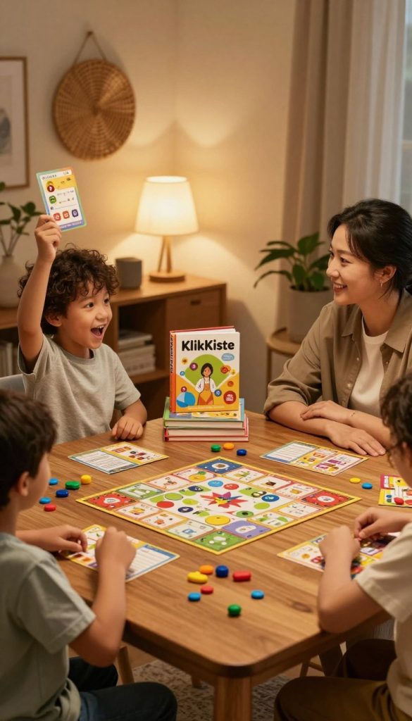 A cozy indoor scene depicting a family engaged in a fun quiz game. In the foreground, a wooden dining table is filled with colorful quiz cards and playful game pieces, with a warm, inviting glow from a nearby lamp casting soft light. A child, dressed in a casual t-shirt and jeans, excitedly raises a quiz card, while a parent, in a smart casual outfit, listens intently, smiling. In the middle, an assortment of books and learning materials from "KlickKiste" are neatly arranged, adding to the educational atmosphere. The background features a tastefully decorated room with warm, earthy tones, and soft textures like woven baskets and potted plants. The overall mood is engaging, encouraging learning and connection through gaming in a comfortable home environment. A cozy indoor scene depicting a family engaged in a fun quiz game. In the foreground, a wooden dining table is filled with colorful quiz cards and playful game pieces, with a warm, inviting glow from a nearby lamp casting soft light. A child, dressed in a casual t-shirt and jeans, excitedly raises a quiz card, while a parent, in a smart casual outfit, listens intently, smiling. In the middle, an assortment of books and learning materials from "KlickKiste" are neatly arranged, adding to the educational atmosphere. The background features a tastefully decorated room with warm, earthy tones, and soft textures like woven baskets and potted plants. The overall mood is engaging, encouraging learning and connection through gaming in a comfortable home environment.