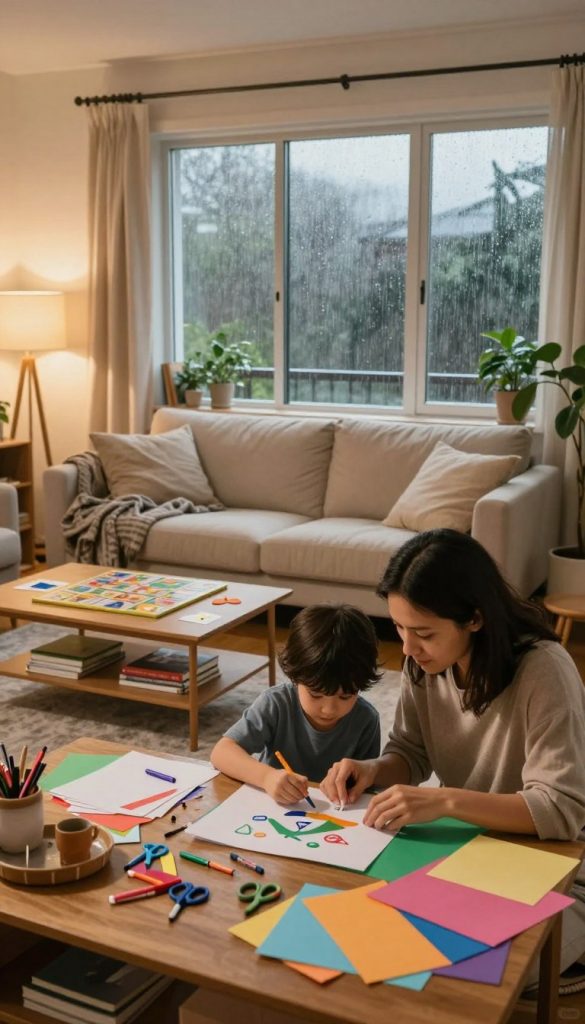 A cozy indoor scene depicting a family engaging in various creative activities during a rainy day. In the foreground, a mother and child are focused on a DIY craft project, surrounded by colorful supplies like paper, scissors, and markers. The middle section features a spacious living room with soft, warm lighting, a comfortable couch, and a coffee table adorned with a board game and books. Cozy blankets add to the inviting atmosphere. In the background, large windows with raindrops highlight the gloomy weather outside, creating a sharp contrast to the warm interior. The entire setting has a Pinterest-inspired aesthetic, with natural wood accents and a touch of greenery. The scene conveys a sense of togetherness and creativity, capturing the essence of family bonding on a rainy day. Styled as a "KlickKiste" moment, the overall mood is authentic and inspiring. A cozy indoor scene depicting a family engaging in various creative activities during a rainy day. In the foreground, a mother and child are focused on a DIY craft project, surrounded by colorful supplies like paper, scissors, and markers. The middle section features a spacious living room with soft, warm lighting, a comfortable couch, and a coffee table adorned with a board game and books. Cozy blankets add to the inviting atmosphere. In the background, large windows with raindrops highlight the gloomy weather outside, creating a sharp contrast to the warm interior. The entire setting has a Pinterest-inspired aesthetic, with natural wood accents and a touch of greenery. The scene conveys a sense of togetherness and creativity, capturing the essence of family bonding on a rainy day. Styled as a "KlickKiste" moment, the overall mood is authentic and inspiring.