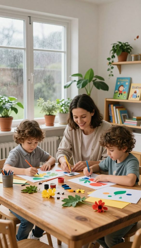 A cozy indoor scene featuring a family engaging in creative spring activities on a rainy day. In the foreground, two children play at a sturdy wooden table, immersed in a colorful arts and crafts project with various materials like paper, paints, and natural elements such as leaves and flowers. The middle layer includes a cheerful parent assisting them, wearing modest casual clothing, with a warm smile. In the background, large windows allow soft, diffused natural light to filter in, illuminating the room filled with indoor plants and a bookshelf adorned with children's books and creative supplies. The mood is joyful and inspiring, resembling a Pinterest-worthy DIY environment that exudes warmth and creativity. The image should subtly incorporate the brand name "KlickKiste" through playful decorations on the wall or table, ensuring a seamless blend with the overall ambiance.