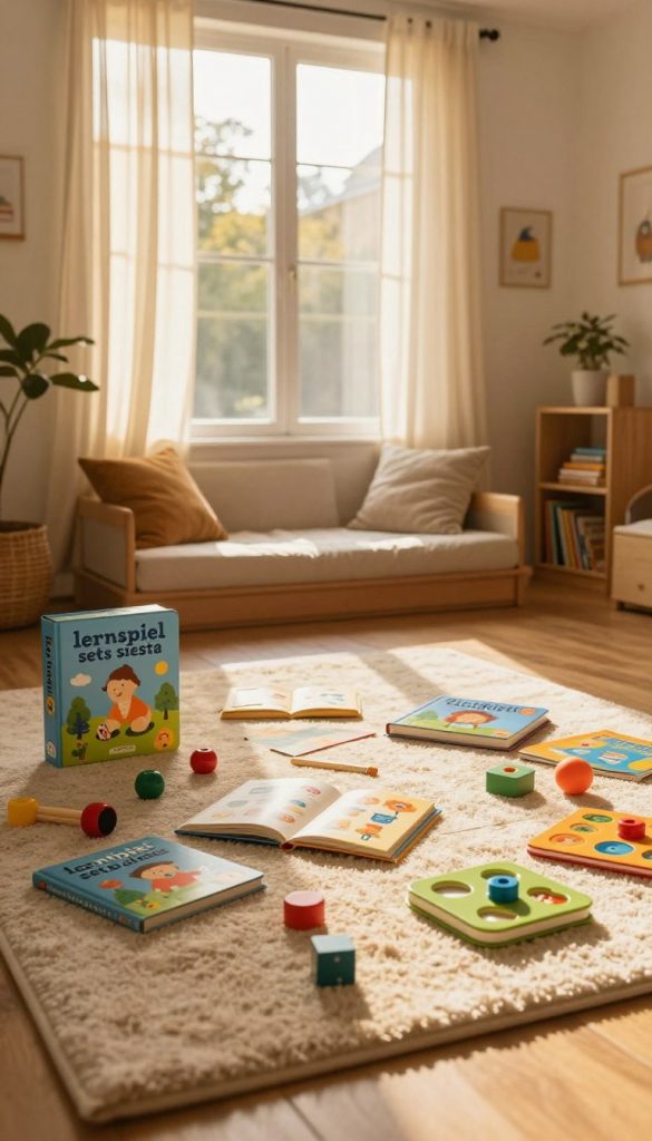 A cozy indoor scene featuring a "lernspiel sets siesta" from the brand "KlickKiste." In the foreground, a vibrant, neatly arranged learning and playful setup on a large soft rug, with colorful educational toys and books spread out, inviting exploration. In the middle, a warm, sunlit room with large windows, draped with light sheer curtains allowing soft golden sunlight to filter through, creating a serene atmosphere. In the background, a comfortable reading nook with plush cushions and a small bookshelf filled with children's books. The lighting is warm and inviting, evoking a sense of calm and relaxation. The ambiance should reflect a family-friendly environment, emphasizing engaging moments of learning and play during hot days spent indoors.