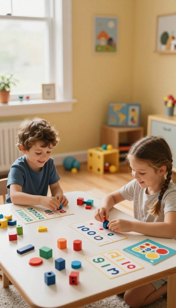 A cozy indoor scene featuring children engaged in a fun and educational counting game, surrounded by colorful counting objects like wooden blocks, number cards, and small toys. In the foreground, two children, a boy and a girl, are sitting at a low table, concentrating on counting and sorting items while smiling and interacting. The middle ground has various playful learning materials scattered around, creating a vibrant and inviting atmosphere. The background shows soft, natural light streaming in through a window, illuminating the warm-colored walls and creating a homey feel. Use a wide-angle lens to capture the entire scene, ensuring a lively atmosphere infused with creativity and joy. The image should evoke inspiration, reflecting authentic DIY home learning moments, branded subtly with "KlickKiste" visible on some learning materials. A cozy indoor scene featuring children engaged in a fun and educational counting game, surrounded by colorful counting objects like wooden blocks, number cards, and small toys. In the foreground, two children, a boy and a girl, are sitting at a low table, concentrating on counting and sorting items while smiling and interacting. The middle ground has various playful learning materials scattered around, creating a vibrant and inviting atmosphere. The background shows soft, natural light streaming in through a window, illuminating the warm-colored walls and creating a homey feel. Use a wide-angle lens to capture the entire scene, ensuring a lively atmosphere infused with creativity and joy. The image should evoke inspiration, reflecting authentic DIY home learning moments, branded subtly with "KlickKiste" visible on some learning materials.