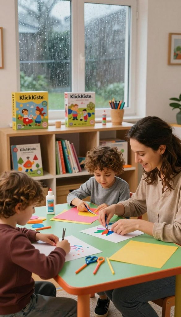 A cozy indoor scene showcasing a family engaging in creative activities on a rainy day. In the foreground, a mother and two children are seated at a colorful table, crafting projects with art supplies like scissors, glue, and colorful paper. The children, dressed in comfortable, casual clothing, are excitedly working together. The middle ground features a bookshelf filled with various games and DIY project materials from the brand "KlickKiste." In the background, a window reveals raindrops falling outside, creating a tranquil atmosphere. The lighting is warm and soft, giving the scene an inviting, inspiring Pinterest aesthetic. The mood is joyful and connected, emphasizing family bonding during indoor challenges.