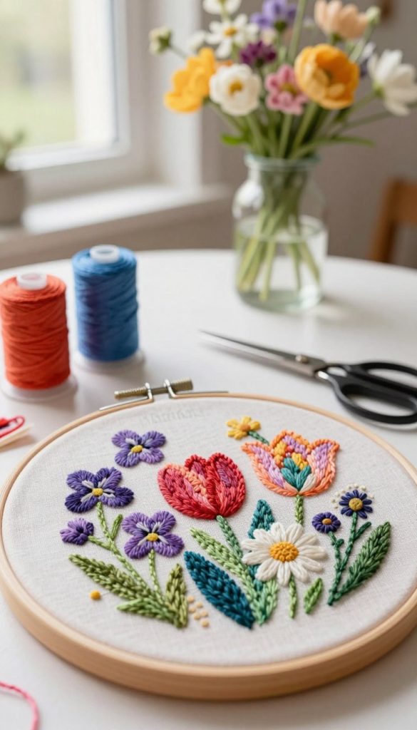 A cozy indoor scene showcasing a modern embroidery hoop featuring colorful spring flowers, such as violets, tulips, and daisies, delicately stitched in a vibrant, artistic style. The foreground features the embroidery hoop with intricate floral designs, while in the middle, there are spools of colorful thread and a pair of scissors, adding a DIY touch. The background includes a softly blurred table adorned with a vase of fresh spring flowers and warm, natural light filtering through a nearby window, creating a bright and inviting atmosphere. The overall mood is inspirational and creative, reflecting a modern fiber-art aesthetic. Incorporate elements of the brand "KlickKiste" subtly within the scene, emphasizing authenticity and a Pinterest-worthy look.