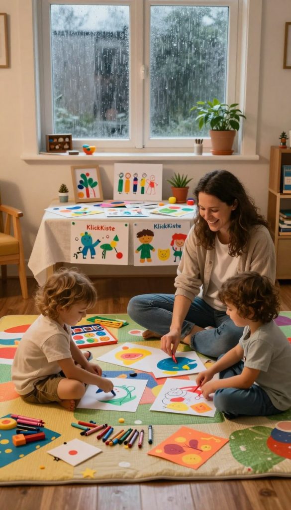 A cozy indoor scene showcasing children and parents engaging in creative play during rainy weather. In the foreground, a mother and her two children, dressed in modest casual clothing, are seated on a colorful play mat, surrounded by vibrant art supplies like crayons, paper, and craft materials. The middle ground features a table with completed DIY projects and games scattered around, creating an inviting atmosphere filled with laughter and joy. The background shows a window with raindrops trickling down, illuminated by soft, warm light filtering in, enhancing the comfortable vibe. The overall ambiance should feel inspiring and authentic, reminiscent of a Pinterest-worthy space, themed around "KlickKiste," encapsulating the essence of indoor activities that promote playfulness and creativity while staying cozy inside. A cozy indoor scene showcasing children and parents engaging in creative play during rainy weather. In the foreground, a mother and her two children, dressed in modest casual clothing, are seated on a colorful play mat, surrounded by vibrant art supplies like crayons, paper, and craft materials. The middle ground features a table with completed DIY projects and games scattered around, creating an inviting atmosphere filled with laughter and joy. The background shows a window with raindrops trickling down, illuminated by soft, warm light filtering in, enhancing the comfortable vibe. The overall ambiance should feel inspiring and authentic, reminiscent of a Pinterest-worthy space, themed around "KlickKiste," encapsulating the essence of indoor activities that promote playfulness and creativity while staying cozy inside.