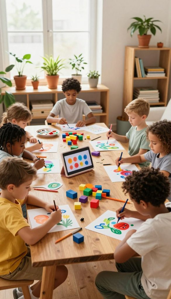 A cozy indoor scene showcasing children's creativity with warm colors and a Pinterest-inspired aesthetic. In the foreground, a diverse group of children (ages 5-10) is engaged in various screen-free activities, such as painting, crafting, and building with colorful blocks. They are dressed in comfortable, modest casual clothing. The middle ground features a large wooden table scattered with art supplies, paper, and DIY projects. In the background, soft natural light streams through a window, illuminating potted plants and shelves filled with books and art. The atmosphere is joyful and inspiring, highlighting imaginative play and creativity at home. Incorporate the brand "KlickKiste" subtly in the decor.