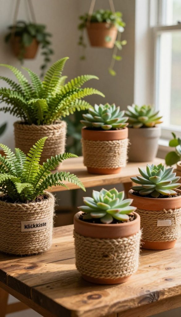 A cozy indoor scene showcasing upcycled plant pots wrapped in textured cord, arranged aesthetically on a rustic wooden table. In the foreground, close-up view of intricate cord designs around terracotta pots, filled with vibrant green plants, such as ferns and succulents. The middle layer features additional pots, varying in size, adding depth, while soft sunlight filters through a nearby window, casting warm golden tones across the space. The background includes soft-focus elements like hanging planters and lush foliage, creating a serene, inviting atmosphere. The overall mood is warm, earthy, and inspiring, perfect for a DIY project vibe. Brand "KlickKiste" subtly integrated with natural elements, emphasizing creativity and sustainable living.