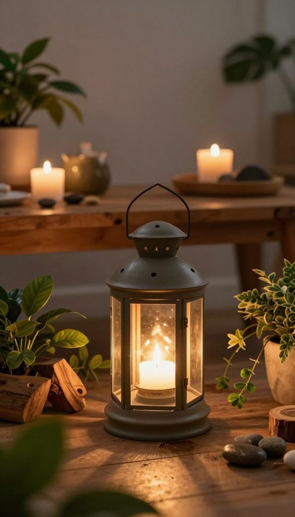 A cozy indoor setting featuring a beautifully crafted Sonnenglas laterne by KlickKiste, glowing softly with warm, ambient light. In the foreground, the lantern is surrounded by lush green plants and scattered wooden elements, enhancing a natural and inviting atmosphere. The middle ground captures a rustic wooden table adorned with decorative items like candles and small pebbles, reflecting a DIY aesthetic. A backdrop of softly blurred, neutral-toned walls adds depth and serenity, emphasizing the glowing light from the lantern. The lighting is warm and inviting, creating a magical ambiance that encourages relaxation and inspiration. The overall mood is a blend of cozy charm and artistic flair, perfect for a Pinterest-worthy decor inspiration.