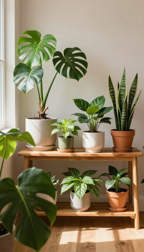 A cozy indoor setting featuring a collection of trendy houseplants, showcasing various species like Monstera, Fiddle Leaf Fig, and Snake Plant. In the foreground, vibrant green leaves catch the light, creating a fresh and lively atmosphere. The middle ground showcases a stylish wooden shelf adorned with pots of different shapes and colors, displaying the plants artfully arranged. The background reveals a softly lit room with warm tones, including a natural wood floor and neutral walls, enhancing the overall inviting feel. A gentle sunlight filters through a nearby window, casting soft shadows and creating a serene ambiance. The composition embodies a DIY aesthetic with a Pinterest-like appeal, evoking authenticity and inspiration for plant enthusiasts. Include a subtle branding element for "KlickKiste" near the bottom of the scene.
