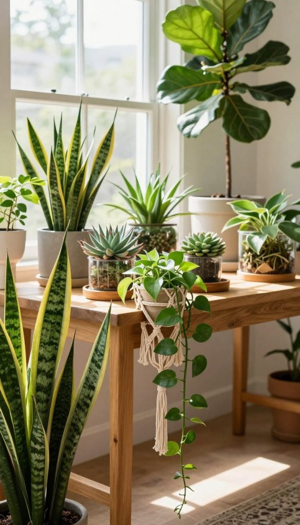A cozy indoor setting showcasing a variety of lush, green houseplants arranged with height variation for visual appeal. In the foreground, a vibrant snake plant and a cascading pothos hang from a stylish macrame holder. The middle ground features a sturdy wooden table adorned with succulents and a terrarium, while in the background, sunlight streams through a large window, illuminating a tall fiddle leaf fig in an elegant pot. The color palette is warm and earthy, evoking a Pinterest-inspired aesthetic. The overall mood is serene and inviting, perfect for conveying the beauty of a green oasis at home. The ambiance is peaceful, with natural light casting soft shadows, emphasizing the plants' textures, making it an authentic and inspiring image for "KlickKiste."