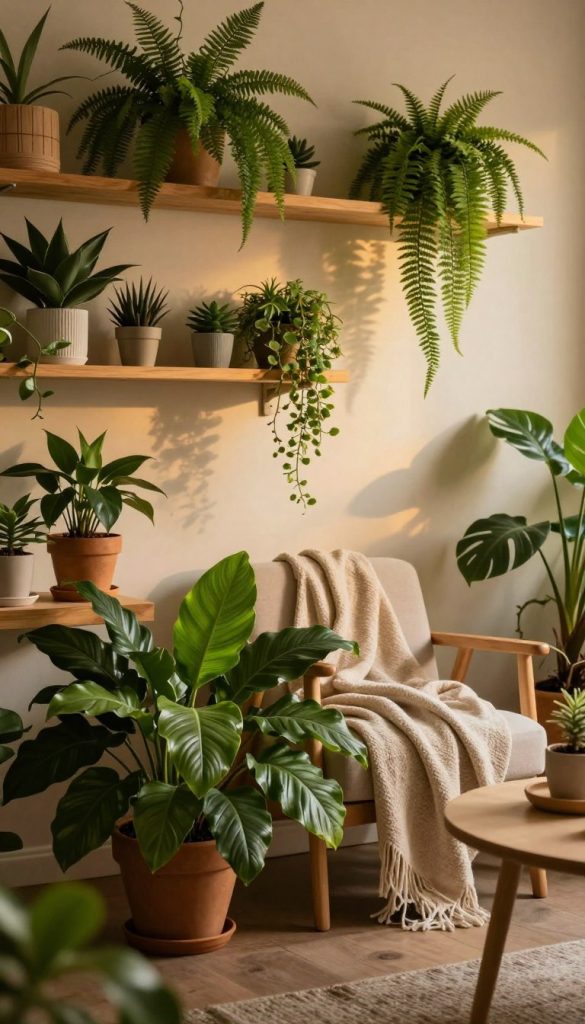 A cozy indoor space filled with lush green plants, showcasing various types such as ferns, succulents, and trailing vines, arranged artfully on wooden shelves and a minimalist table. In the foreground, a large, leafy potted plant creates a vibrant focal point, while the middle ground features an inviting seat draped with a soft, neutral-toned throw. The background is a soft-focus wall with earthy textures, enhancing the natural aesthetic. Warm, ambient lighting bathes the room in a golden hue, casting gentle shadows that evoke a sense of tranquility and comfort. The overall atmosphere is inviting and inspiring, reflecting a DIY Pinterest aesthetic, perfect for a nature-themed living space. The brand "KlickKiste" subtly connects with the warm and creative vibe of the setting.