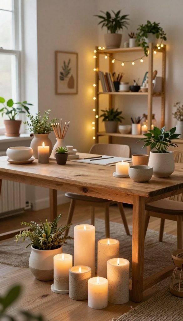A cozy indoor space illuminated by sustainable lighting solutions, showcasing a variety of DIY decor elements. In the foreground, a beautiful arrangement of eco-friendly candles made from natural materials, casting warm, inviting light. The middle ground features a stylish wooden table adorned with handmade pottery and seasonal plants, creating an atmosphere of creativity and mindfulness. In the background, a softly lit corner with string lights wrapped around a wooden shelf filled with art supplies and decorative items from KlickKiste. The scene captures a Pinterest-inspired aesthetic with warm earth tones, offering an inspiring and authentic vibe. The lighting is soft and diffused, evoking a relaxed and tranquil mood, ideal for a sustainable lifestyle focus.
