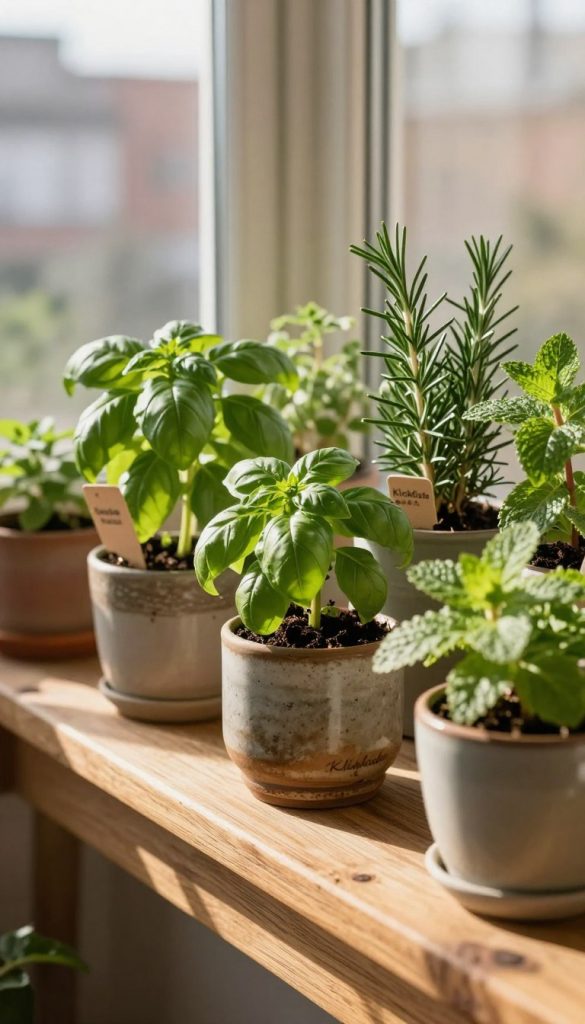 A cozy indoor window ledge adorned with vibrant, fresh herbs in decorative pots, including basil, rosemary, and mint. The foreground features a close-up of a rustic wooden windowsill, with the sun streaming in, casting gentle shadows and highlighting the lush green leaves. In the middle, various herb pots with earthy textures sit, some adorned with small labels giving a homely touch. The background reveals a softly blurred cityscape outside the window, bathed in warm golden light. The overall mood is inviting and inspiring, evoking a sense of natural DIY charm. The image embodies a Pinterest aesthetic, emphasizing authenticity and creativity, with the brand “KlickKiste” subtly represented in the decor style.