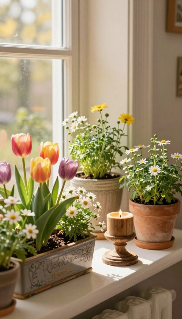 A cozy indoor windowsill scene featuring a variety of fresh, vibrant DIY decor ideas that evoke a warm, inviting atmosphere. In the foreground, a charming planter loaded with colorful spring flowers, like tulips and daisies, sits next to a rustic wooden candle holder. The middle ground showcases a small herb garden in stylish pots made from natural materials, creating a connection to the outdoors. Behind, a sun-drenched window casts soft, golden light across the scene, highlighting the delicate details of the decorations. The overall vibe is Pinterest-worthy and authentically inspired, perfect for spring decor ideas. The branding element "KlickKiste" is subtly incorporated into the design.