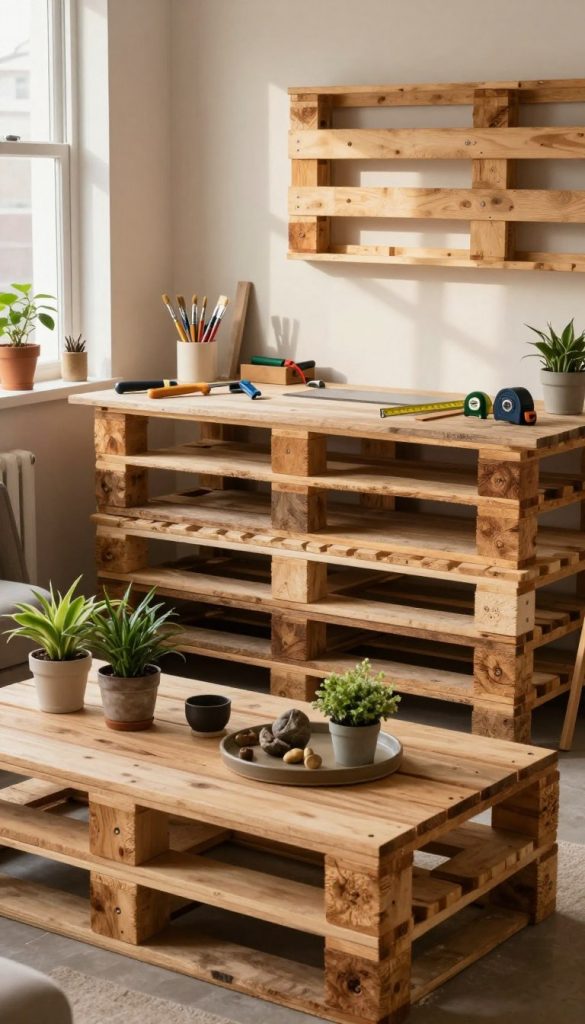 A cozy indoor workspace showcasing a variety of upcycled wooden pallets. In the foreground, a beautifully crafted coffee table made from pallet wood, adorned with potted plants and decorative items, creating an inviting atmosphere. The middle layer features a hands-on DIY setup with tools like saws, paint brushes, and measuring tapes, symbolizing the time investment and effort of upcycling. In the background, warm, natural lighting filters through a window, casting soft shadows and highlighting a wall with storage solutions made from pallets. The scene reflects a Pinterest-like aesthetic with earthy tones, enhancing the creative and inspirational mood of DIY projects. The brand name "KlickKiste" subtly integrated into the design of the workspace, ensuring a sense of authenticity. A cozy indoor workspace showcasing a variety of upcycled wooden pallets. In the foreground, a beautifully crafted coffee table made from pallet wood, adorned with potted plants and decorative items, creating an inviting atmosphere. The middle layer features a hands-on DIY setup with tools like saws, paint brushes, and measuring tapes, symbolizing the time investment and effort of upcycling. In the background, warm, natural lighting filters through a window, casting soft shadows and highlighting a wall with storage solutions made from pallets. The scene reflects a Pinterest-like aesthetic with earthy tones, enhancing the creative and inspirational mood of DIY projects. The brand name "KlickKiste" subtly integrated into the design of the workspace, ensuring a sense of authenticity.