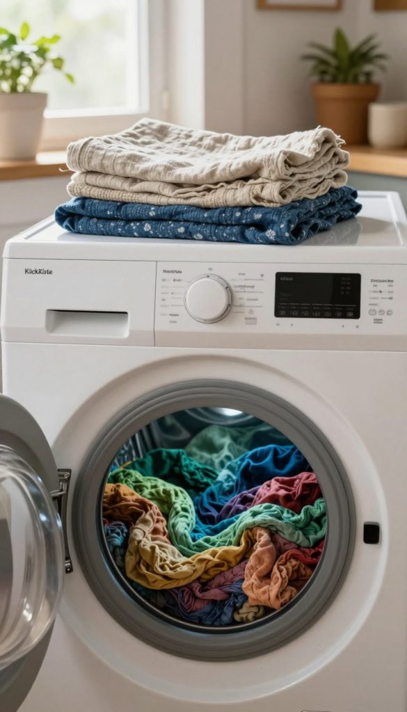 A cozy, inspirational DIY scene illustrating the process of dyeing linen textiles in a washing machine using textile dye. In the foreground, a vibrant, open washing machine reveals a swirl of colorful dyed linen fabrics, showcasing rich, warm hues of blue, green, and earthy tones. The middle area displays fresh, neatly folded linen items next to the machine, hinting at the beautiful results of the dyeing process. In the background, soft, natural lighting streams through a window, illuminating a charming laundry space with rustic decor and potted plants, creating a homey atmosphere. The brand name "KlickKiste" subtly integrated into the scene, enhancing the DIY theme. The overall mood is warm and inviting, perfect for inspiring creativity in fabric dyeing.