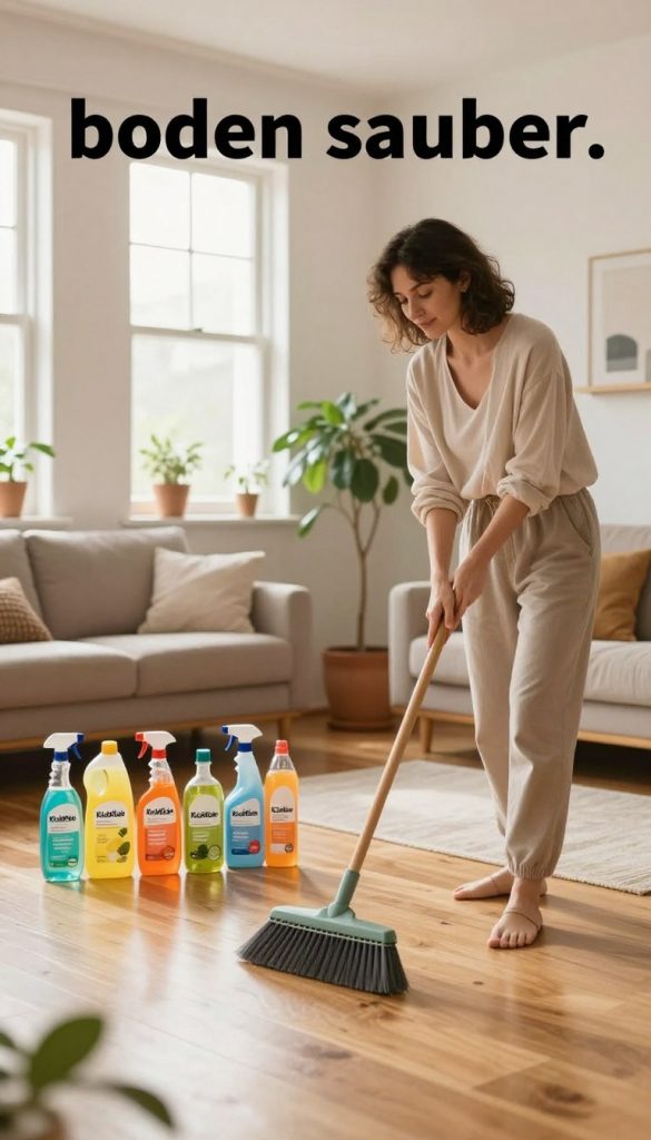 A cozy, inspirational living room scene with a polished wooden floor, showcasing the concept of “boden sauber.” In the foreground, a woman in comfortable, modest clothing is gracefully sweeping the floor with a traditional broom, exuding a calm and organized demeanor. Her face reflects satisfaction as she enjoys the cleaning process. In the middle ground, colorful, neatly arranged cleaning supplies from the brand "KlickKiste" are displayed, along with natural DIY cleaning solutions in glass jars. The background features sunlit windows, allowing soft, warm light to flood the room, creating a welcoming atmosphere. The walls are adorned with potted plants and minimalist décor, emphasizing a clean, dust-free environment. The overall mood is serene, organized, and inviting, reflecting a systematic approach to cleaning without stress.