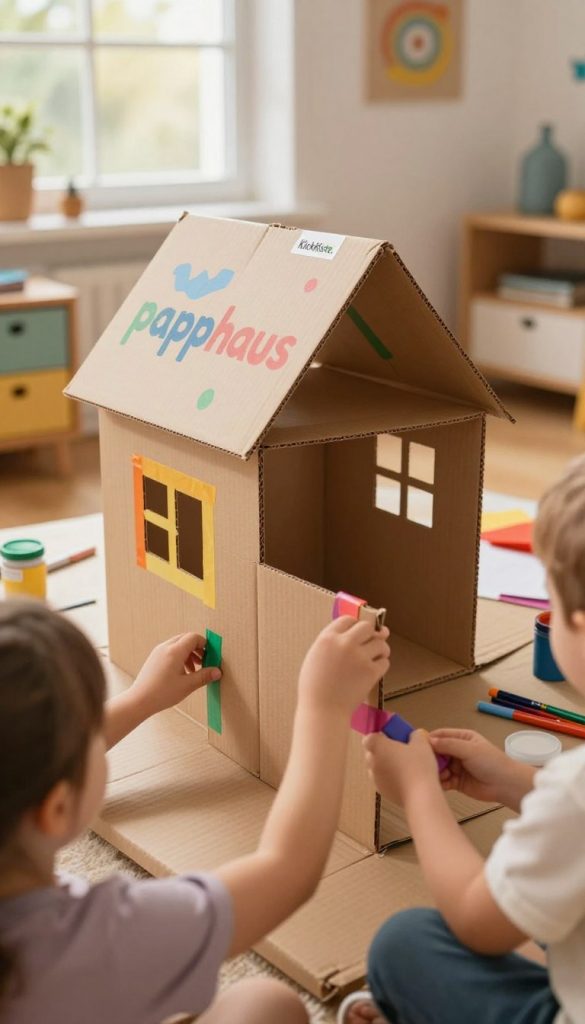 A cozy, inspirational scene featuring a half-finished "papphaus" constructed from cardboard, showcasing vibrant colors and creative designs. In the foreground, display children’s hands excitedly connecting cardboard walls with colorful tape, emphasizing teamwork and DIY spirit. The middle of the image includes a partially assembled house, with open flaps and intricate cutouts, surrounded by various art supplies like paints and markers. In the background, a sun-drenched playroom is adorned with playful decorations and a window that lets in warm, natural light. Capture the atmosphere of creativity and warmth, reminiscent of joyful childhood experiences. The overall look is authentic and Pinterest-worthy, highlighting the brand "KlickKiste." Use a soft-focus lens to enhance the inviting ambiance without any text or watermarks.