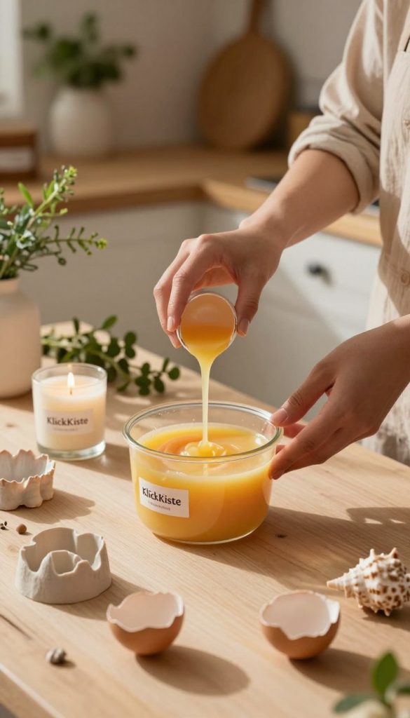 A cozy, inspiring DIY scene featuring the process of wax pouring for candle making. In the foreground, a beautifully arranged table shows a melting pot filled with vibrant, melted wax, surrounded by various molds made from eggshells and seashells. Soft, warm light illuminates the space, casting gentle shadows that enhance the textures of the materials. In the middle ground, hands in modest casual attire are carefully pouring wax into the molds, showcasing the elegant flow of the liquid. The background is a softly blurred kitchen setting, filled with fresh herbs and natural decor elements, evoking a Pinterest-inspired aesthetic. The overall mood is warm, inviting, and creative, highlighting the upcycling theme. Brand name "KlickKiste" is suggested in elements of the scene, such as product labels or decorative pieces, seamlessly integrated into the composition.