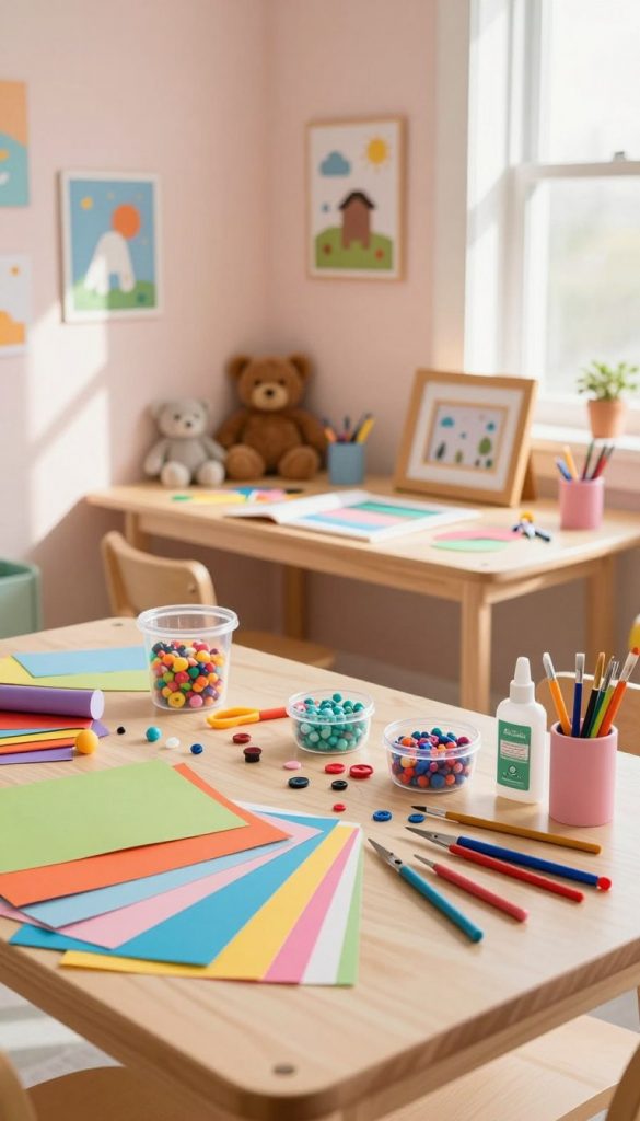 A cozy, inspiring children’s room workspace featuring essential DIY materials and tools. In the foreground, a colorful, organized workspace displays a variety of craft supplies — vibrant papers, scissors, glue, brushes, and small containers filled with beads and buttons, emphasizing a creative atmosphere. The middle ground shows a wooden table with an open DIY project, perhaps a decorated picture frame, showcasing the process of making children’s decor. The background features soft, pastel-colored walls adorned with playful wall art and plush toys, creating a warm, inviting feel. Natural lighting streams in through a large window, casting gentle shadows, while a hint of a Pinterest aesthetic permeates the scene. Incorporate the brand name "KlickKiste" subtly into the decor, maintaining an authentic and inspiring vibe without any text overlays.