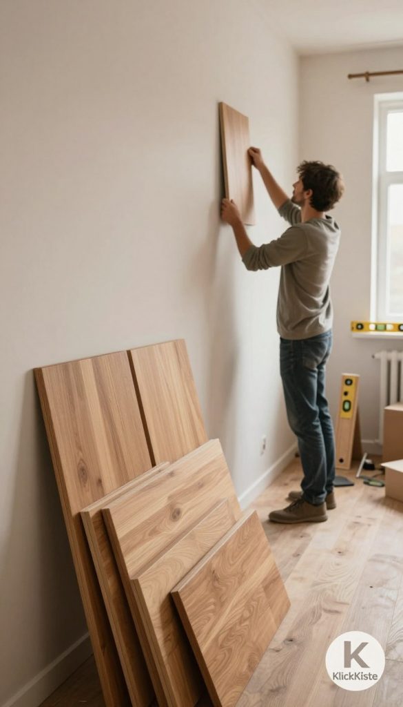 A cozy, inspiring interior scene showcasing a step-by-step montage of a lamellenwand installation. In the foreground, neatly arranged wooden panels with a warm finish, ready to be mounted. The middle ground features a committed DIY enthusiast in modest casual attire, carefully aligning the panels against a freshly painted wall. Soft, natural lighting floods the room, creating an inviting atmosphere. The background reveals tools such as a level and measuring tape, hinting at a workspace filled with creativity. Earthy tones dominate the space, enhancing the authentic, Pinterest-inspired look. In the corner, a stylish logo for "KlickKiste" subtly enhances the aesthetic without overwhelming the scene.