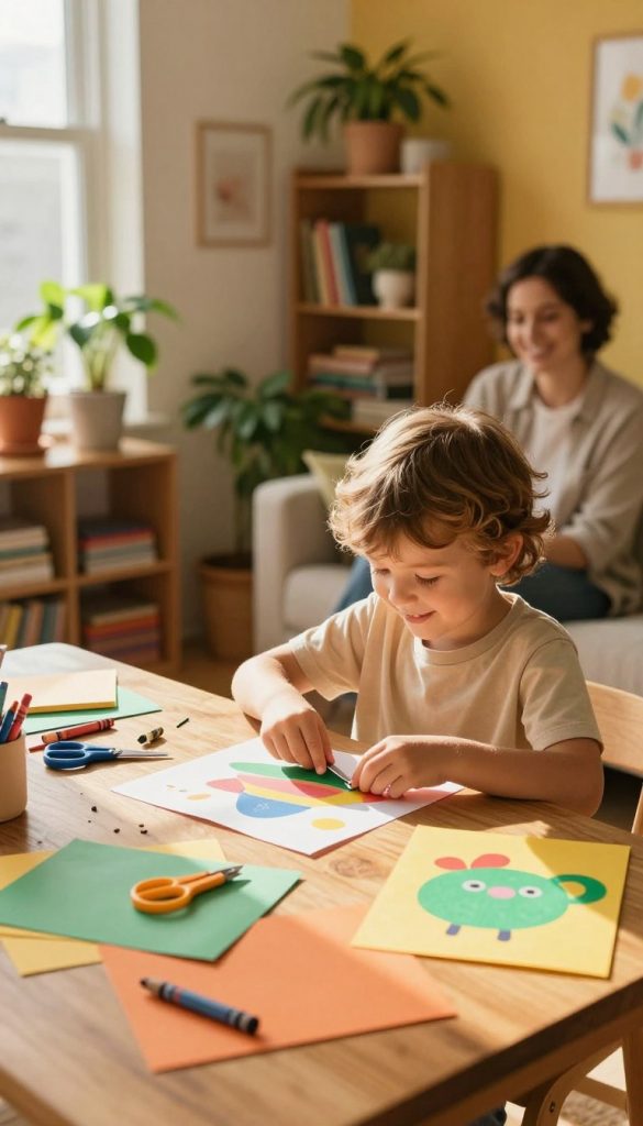 A cozy, inspiring scene of a child engaged in a fun DIY project, surrounded by colorful craft supplies like paper, scissors, and crayons. The child is focused and smiling, embodying the spirit of independence and creativity. In the foreground, a well-organized workspace on a wooden table shows completed crafts, emphasizing self-reliance. In the middle ground, a warm, inviting room with plants and bookshelves creates a nurturing atmosphere. Soft, natural light floods in from a nearby window, casting gentle shadows. In the background, a parent watches lovingly, dressed in casual home attire, promoting a supportive environment. The color palette is warm, featuring shades of yellow, orange, and green, evoking a Pinterest-inspired look. Include the brand name "KlickKiste" subtly integrated into the craft materials. A cozy, inspiring scene of a child engaged in a fun DIY project, surrounded by colorful craft supplies like paper, scissors, and crayons. The child is focused and smiling, embodying the spirit of independence and creativity. In the foreground, a well-organized workspace on a wooden table shows completed crafts, emphasizing self-reliance. In the middle ground, a warm, inviting room with plants and bookshelves creates a nurturing atmosphere. Soft, natural light floods in from a nearby window, casting gentle shadows. In the background, a parent watches lovingly, dressed in casual home attire, promoting a supportive environment. The color palette is warm, featuring shades of yellow, orange, and green, evoking a Pinterest-inspired look. Include the brand name "KlickKiste" subtly integrated into the craft materials.