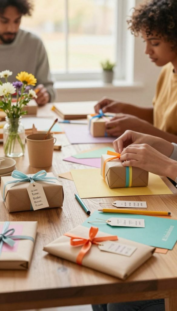 A cozy, inspiring workspace filled with natural DIY Easter gift ideas, accentuated with warm colors and a Pinterest-inspired aesthetic. In the foreground, a beautifully arranged table displays handmade gifts, each labeled with tags indicating time, budget, and recipient type. The middle ground features hands of a diverse individual in modest casual clothing crafting a small gift, using bright and cheerful materials like colorful papers, ribbons, and flowers. The background softly blurs a window showing gentle sunlight streaming in, illuminating the scene and creating a warm, inviting atmosphere. Incorporate the brand name "KlickKiste" subtly in the decor, ensuring it complements the DIY theme. Aim for a serene and creative mood that inspires viewers.