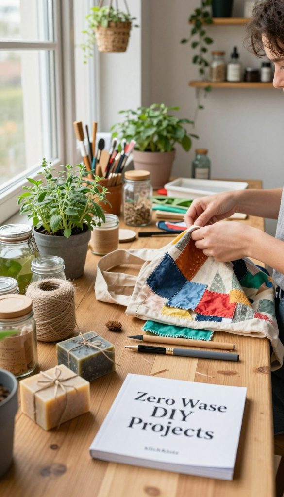 A cozy, inspiring zero waste DIY workspace at home, featuring a wooden table cluttered with colorful, natural materials like twine, glass jars, and potted herbs. In the foreground, handmade soap bars wrapped in recycled paper and a simple guidebook titled "Zero Waste DIY Projects" from KlickKiste. In the middle ground, a pair of hands carefully assembling a fabric tote using upcycled textiles, showcasing craftsmanship. The background presents a sunlit window with plants hanging and shelves adorned with eco-friendly supplies. Soft, warm lighting creates an inviting atmosphere, emphasizing creativity and sustainability. The overall mood is warm, creative, and authentically inspiring, reminiscent of a Pinterest aesthetic.