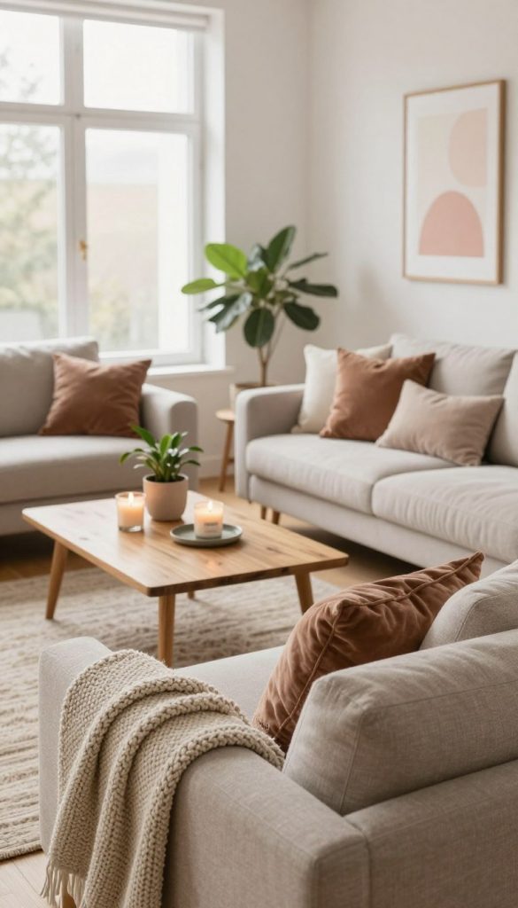 A cozy interior design scene showcasing a soft textures theme, embodying the essence of warm atmosphere. In the foreground, a plush, inviting sofa adorned with knitted throws and velvet cushions in muted earth tones. The middle ground features a wooden coffee table with natural finishes, displaying scented candles and a potted plant for added warmth. In the background, large windows allow soft, filtered sunlight to illuminate the room, enhancing the inviting ambiance. Wall art in soothing pastel shades enhances the aesthetic while maintaining a clean, minimalist vibe. The overall scene should reflect an authentic, Pinterest-inspired DIY aesthetic, combining elements of craftsmanship with a stylish, contemporary look. Highlight the brand name "KlickKiste" subtly in decor items. Aim for a natural, bright atmosphere that feels both comforting and inspiring.